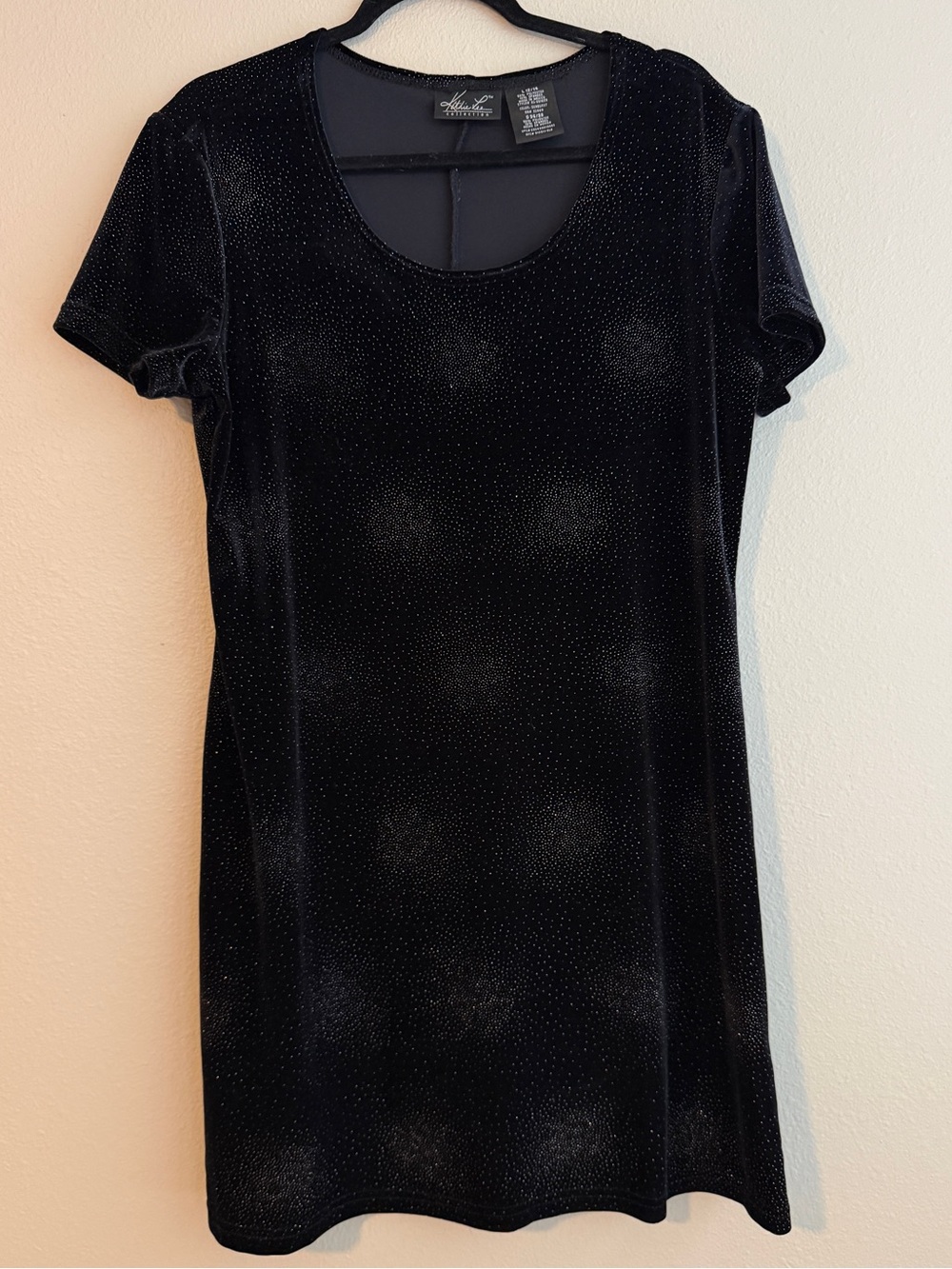 VTG 90s Sz L Kathie Lee Black Velour Short Sleeve Dress Sparkly Silver Sunburst
